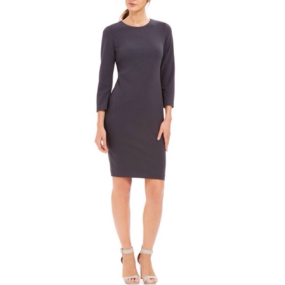Calvin Klein Gray Sheath Dress 3/4 Sleeve Crew Neck